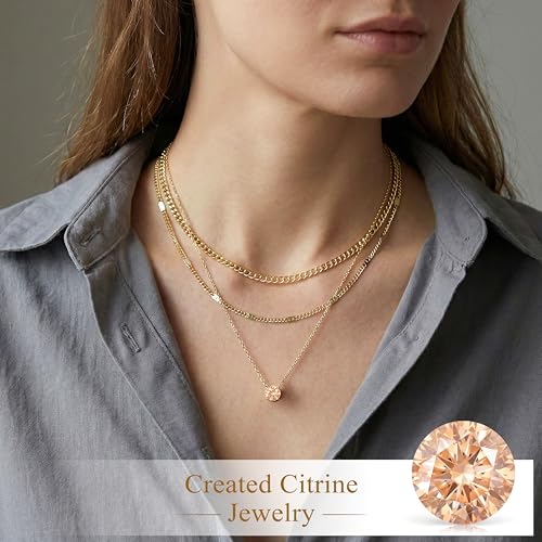 WomenGifts Layered Gold Necklaces for Women, 14K Gold Sterling Silver Plated Dainty Pendant Necklace Set Non Tarnish, Chunky Stackable Cuban Chain Choker, Trendy Birthstone Vacation Jewelry Gift - color: Gold, style: Cubic Zirconia-Created Citrine-Nov