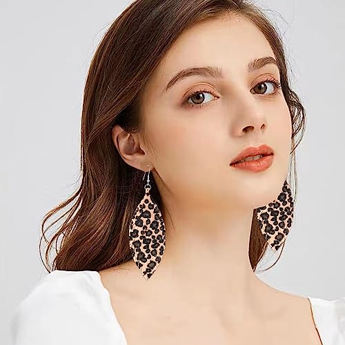 Large Genuine Soft leaf Leather Handmade Fringe Tassel Feather Lightweight Tear Drop Dangle Color Earrings for Women - color: Light Leopard