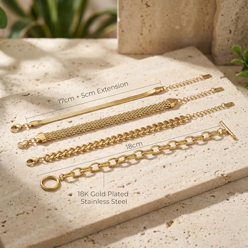 RINHOO Gold Chain Bracelets Set for Women - Trendy Paperclip Snake Link Layered Bracelets 18K Gold Plated Stainless Steel Stackable Wrist Jewelry Aesthetic Preppy Gifts - style: Gold-Style 1