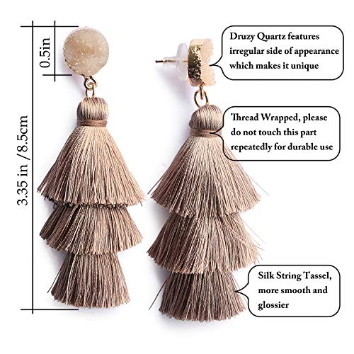 Me&Hz Colorful Layered Tassel Earrings Bohemian Statement Tiered Tassel Big Dangle Drop Earrings for Women Druzy Studs Valentine’s Day Gift - color: Khaki