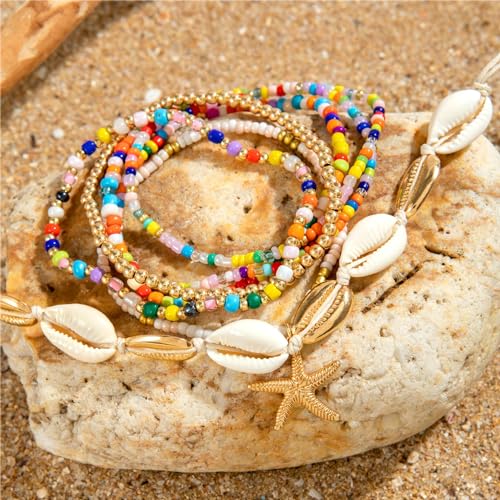 Pingyongchang Bohemian Stackable Shell Beaded Ankle Bracelets for Women Colorful Boho Multi-Layer Seashell Gold Starfish Adjustable Handmade Braid Bracelet Summer Beach Holiday Accessories Gifts - color: Multi