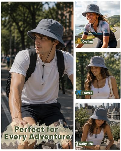 Water-Resistant Bucket Hat for Women Men Rain Hat UPF 50+ Boonie Sun Hat Foldable Summer Floppy Fishing Safari Hats - color: Grey