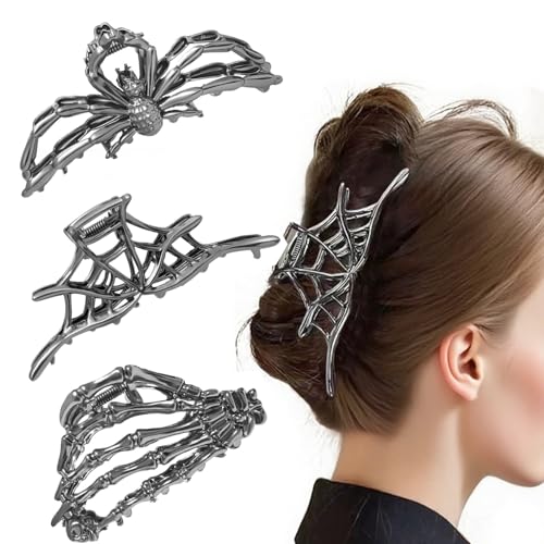 3Pack Metal Black Spider Web hair clips Skeleton Hand Skull Hair Clips for Women And Girls,Goth Accessories for Thick Hair, Claw Clips Hair Accessories Halloween Christmas Gift (Black 3Pcs) - color: Black 3Pcs