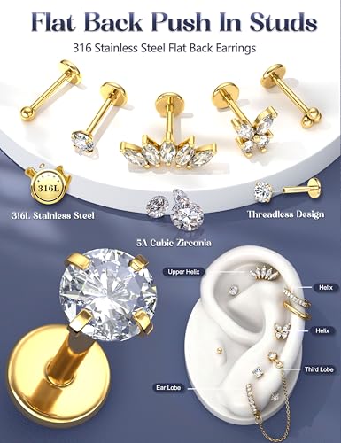 LOLIAS 16G/18G/20G Flat Back Earrings for Women Threadless Surgical Steel Stud Hoop Earrings Push in Nose Studs Hypoallergenic CZ Cartilage Earring Set Labret Helix Tragus Conch Piercing Jewelry - color: 14K Gold, size: 20G(0.8MM)-Heart&Flower