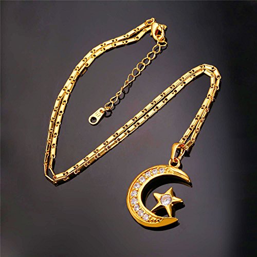 U7 Allah Necklace for Women/Men, 18K Gold Plated Square/Oval/Coin/Heart/Crescent Moon Islamic Pendant Necklace Muslim Jewelry with Chain - color: 01.Crescent Moon gold
