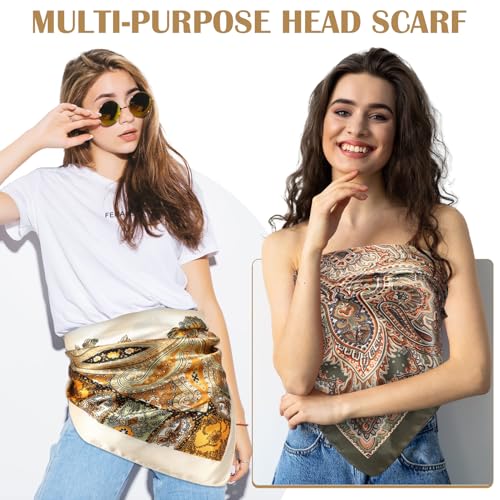 JATEBI 27''/35'' Women Large Satin Scarf Silk Feel Square Wraps Big Hair Bandanas Vintage Print Solid Color Bandana Scarves - color: Coffee Brown, Army Green, Camel, Black, White, Pink Mixed Classic, size: 35'' Large