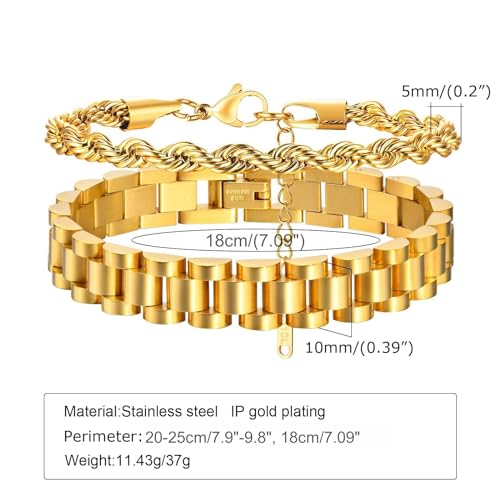 MPRAINBOW 2pcs 18K Gold Plated Chain Link Bracelet, Stainless Steel Crystal Friendship Bracelets Bangle,Watch Band Chains Wristband Jewelry with Adjust Tool - color: Gold-set A