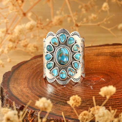 Turquoise Rings for Women, 925 Sterling Silver Vintage Statement Ring with Coral Spiny Oyster, Multi Color Boho Band, Size 6-10