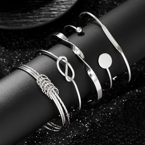 Gold Bangles for Women, 12 Pcs Boho Stackable Bracelets Multi Layer Textured Chunky Bracelets Jewelry Set for Women - color: 5 pcs silver bangles