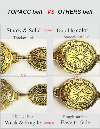 TOPACC Western Metal Concho Belt for Women Cowgirl Chain Belts for Dresses Jeans Country Concert Outfit - color: D Yellow Gold, size: Fit Waist: 30-32 in