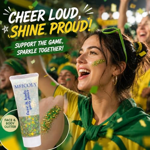MEICOLY Green and Yellow Hair Glitter,Brazil Body Glitter,Gold Green Hair Sparkle Brasil Face Glitter Makeup for Mardi Gras Carnival Irish Festival Party,Body Glitter Accessories for Women - color: gold and green face glitter