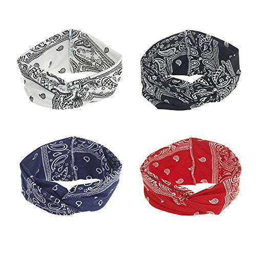 Assorted Paisley Print Wide Bandana Knot Headbands Criss Cross Head Wrap Hair Band (4 Colors Pack A) - color: 4 Colors Pack A