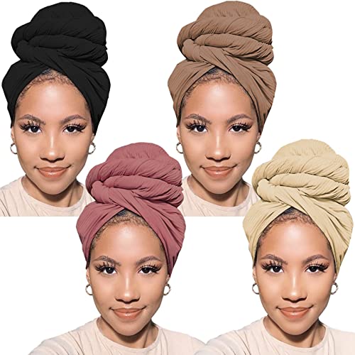 Head Wraps for Black Women African Head Wrap Lightweight for Women Long Plain Turban Hair Scarf Scarves - color: 4 Pcs-black,dark Pink,camel,beige