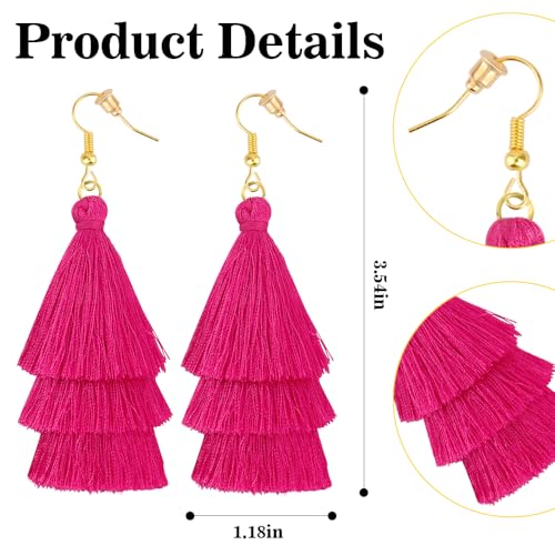 Earrings for Women Dangling, Layered Tassel Earrings Fringe Earrings Bohemian Studs Drop Earrings - color: Hot Pink