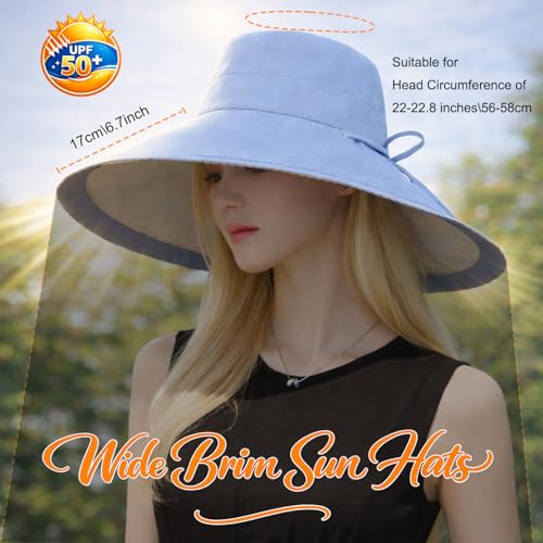 Wide Brim Sun Hat for Women Reversible Beach Hats Metal Wired Edge Gardening Hats, UPF 50+ Bucket Summer Hat - color: Blue Beige