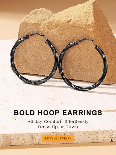 Bestyle 5mm Thick Gold Hoop Earrings Hypoallergenic Hoops for Sensitive Ears Trendy Lightweight Chunky Earrings for Women 30/40/60/80mm - color: 02-Black, size: 60mm