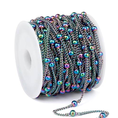 33 Feet Multicolor Satellite Bead Chains, 2mm 304 Stainless Steel Rainbow Ball Beaded Twisted Curb Chain Spool Bulk for Jewelry Making DIY Craft - color: Colorful Big Beads Satellite Curb Chain
