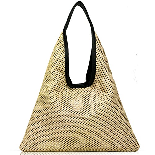 Hand-woven Straw Shoulder Bag Boho Black Leather Top Handle Tote Retro Summer Beach Bag Holiday Travel Handbag - color: Khaki