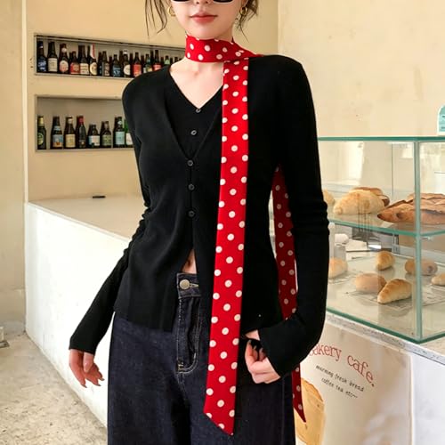 Long Thin Skinny Scarf Satin Neckerchief Ribbon Tie Waist Belt for Women - color: Dot Bright Red