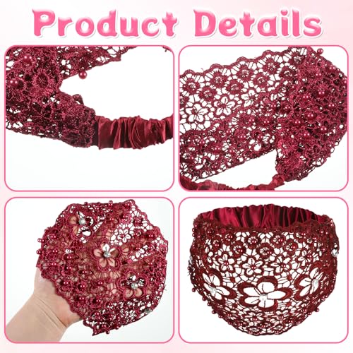 Tucnoeu 3pcs Boho-Chic Crystal & Pearl Embellished Wide Headbands, Wide Boho Pearl Headband for Wome, Floral Beaded Lace Elastic Headband Suitable for Daily Wear and Weddings Stylingvarious Holidays - color: Coffee, Claret, black