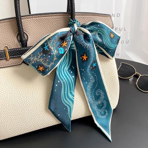 JERLA 100% Mulberry silk Scarf bag scarf Head Hair Ribbon Handbag Handle wrap Tie Bundle Neckerchief Scarf for women - color: Sea World Blue