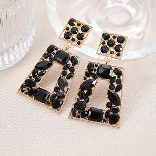 Rhinestone Rectangle Statement Earrings Colorful Crystal Geometric Drop Dangle Earrings for Women Prom Party - color: black