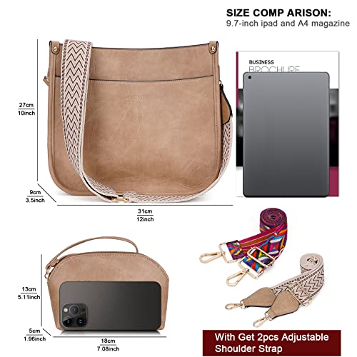 HKCLUF Crossbody Bag Purse for Women 2PCS/Set Leather Hobo Handbag Wallet Set With 2Adjustable Guitar Strap Shoulder Bag | Purse - color: A4-khaki