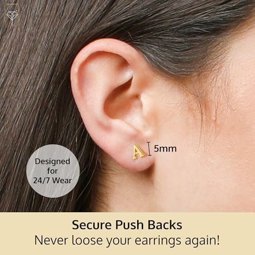 14k Gold Small Script Initial Letter Stud Earrings for Women | Anti Tarnishing 5mm 14k Gold Studs | A-Z Alphabet Earrings with Gift Box by MAX + STONE - style: A | Yellow Gold