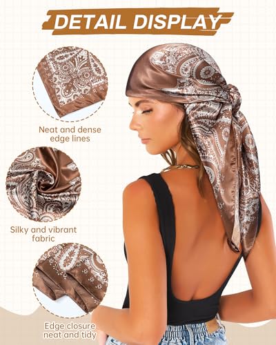 Mesovor 35” Square Head Scarf for Women, 3 Pack Like Silk Satin Headscarf Hair Neck Scarf Top Bandanas for Sleeping - color: Cashew(brown/Red/Black)