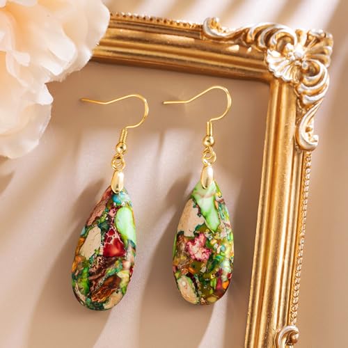 Stone Drop Earrings for Women Earrings Teardrop Jasper Stone Dangle Earrings - color: Colorful-Golden Hook