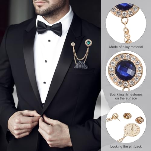 PATIKIL Gem Chain Brooch Pins, Hanging Chain Brooch Suit Pin Tassel Chain Round Crystal Badge Lapel Collar Pins for Men Shirts - color: Gold Tone(Blue)