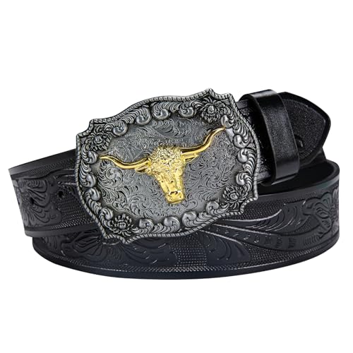 Dubulle Womens Belt Chain Leather Belts Vintage Western Adjustable Elastic Double Buckle for Cowboy Pant Dress - color: Black Silver Gold