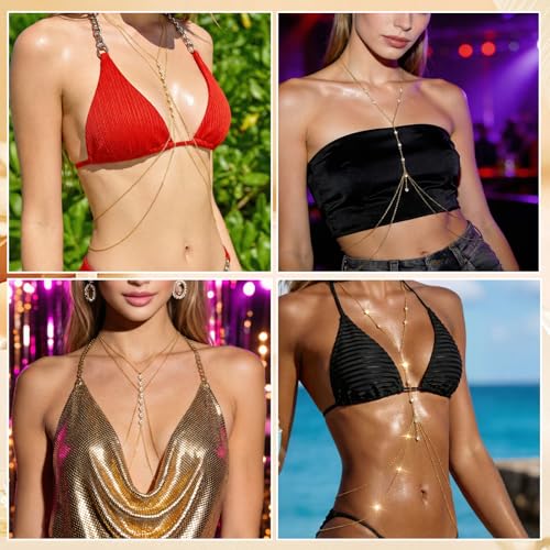 SANNIX 2 Piece Gold Plated Body Chain,Layered Belly Chains Rhinestone Jewelry Lingerie Bikini Waist Bra Chain Belt Accessories for Women for Summer Beach Date Night