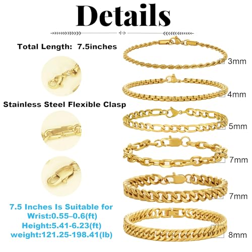 XIANNVXI 6pcs Bracelets for Men Gifts for Him Stainless Steel Bracelet Silver/Gold/Black Cuban Link Rope Paperclip Chain Bracelets Set 6.5/7/7.5/8.3/9 Inches Metal Bracelet Mens Fashion Accessories Jewelry Gifts Set - color: Gold, size: 7.5 in-Men Small W
