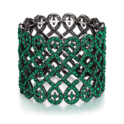 EVER FAITH Art Deco Love Knot Wide Stretch Bridal Bracelet Austrian Crystal - color: Green Black-Tone