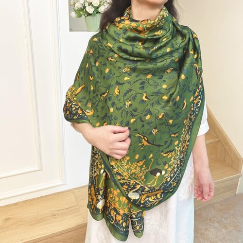 Long Silk Like Scarf Lightweight Satin Scarves Large Sunscreen Shawl Wrap for Women - color: 001.birds and Flowers Green