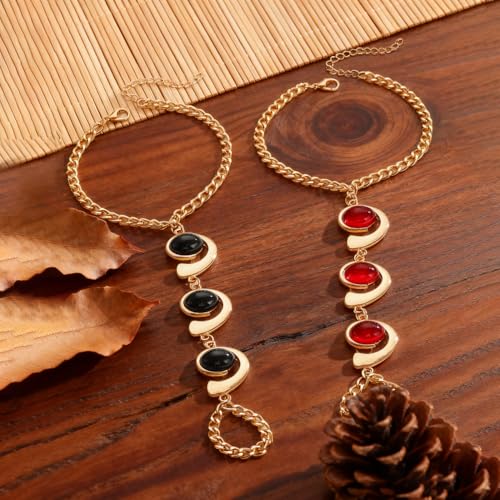 Boho Open Bracelet Ring Set for Women Black and Gold Jewelry Set Oval Cuff Bracelet Adjustable Ring Vintage Jewelry - style: U-Black