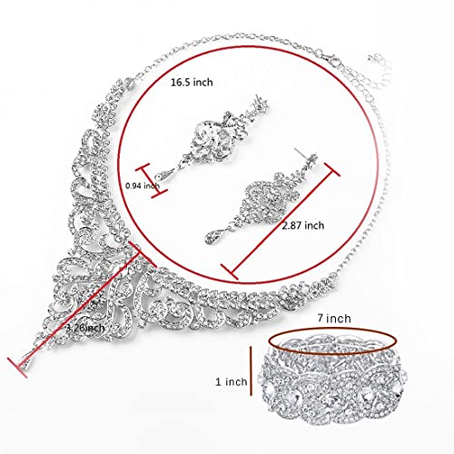 Hapibuy Crystal Wedding Jewelry Set Necklace Earring Set For Women and Brides Rose Gold and Silver Bridal Statement Jewelry sets - color: Silver necklace earring bracelet