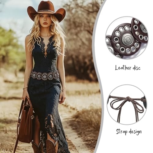 Women Western Disc Belt Boho Disk Concho Leather Belts Adjustable Knot Tie Waist Belts for Dresses - color: Coffee