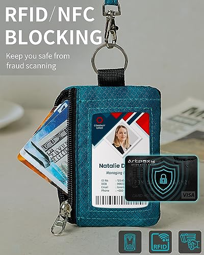 Artpaxy Minimalist Wallet For Mens Womens, Keychain RFID Blocking Zipper Small Wallet with ID Window 2 Lanyards,Water Resistant Travel Cash Card Coin Case Boys Girls - color: Dark grey+Blue green, style: Classic