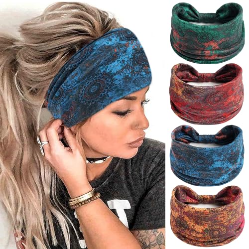 FULZTEY Fashion Boho Headbands for Women Knotted Wide Hair Bands Soft Fabric Bandanas Non Slip Elastic Headwrap Workout Sport Sweat Turban Stylish Hair Accessories for Teen Girls 4Pcs - color: Style 75