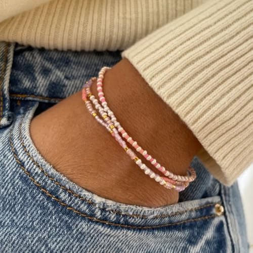 Dainty Gold Plated Tiny Ball Colorful Beaded Stack Bracelets Sets for Women,3Pcs Stackable Cute Bracelet Stretch Trendy Ball Jewelry Friendship Gift - color: light pink
