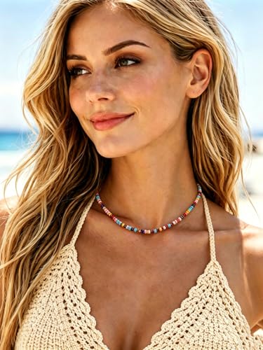 Tgirls Boho Choker Necklace Chain Rice Beaded Necklaces Seed Bead Necklace Accessory for Women - color: colorful 5