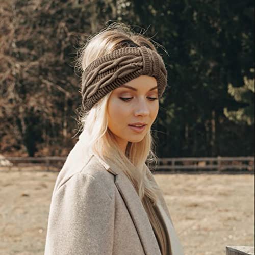 DRESHOW Crochet Ear Warmer Headband Soft Knit Chunky Turban Stretch Thick Headbands Warmer Fuzzy Head Wrap for Women - color: 1 Pc Double Twist: Khaki