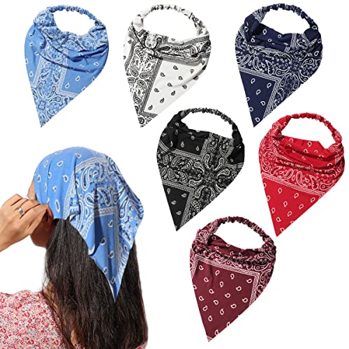 Vercret 6 Pack Hair Scarf Headband for Women Elastic Bandana Head Scarf Large Boho Triangle Kerchief with Clips Non Slip Scarves - color: G Paisley Print