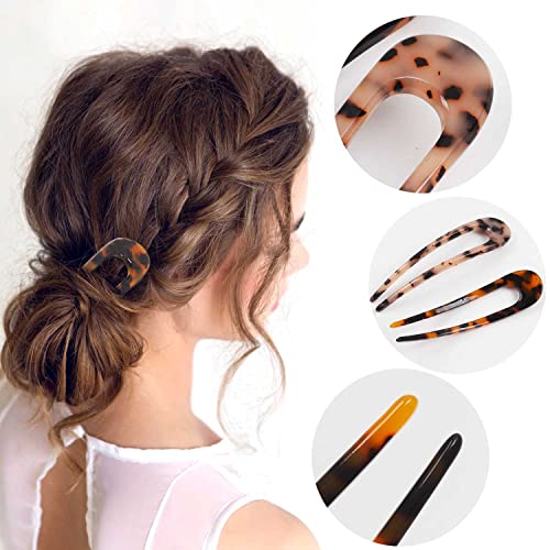 4 Pack Upgraded French Hair Pins Tortoise Shell U Shape Updo Hair Forks Clips for Thin Thick Hair,5.1 inch Classic Cellulose Acetate 2 Prong Bun Hair Sticks Chignon Women Vintage Hairstyle - color: 4P