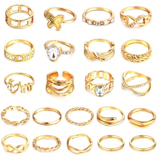 CHICUTIE Gold Knuckle Rings Set For Women Stackable Joint Finger Midi Rings Dainty Cubic Crystal Zirconia Hollow Twist Cute Pack Jewelry Gift - style: 22PCS GOLD
