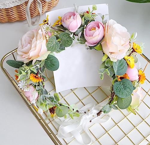 Vivivalue Floral Crown Bridal Flower Headband Hair Wreath Floral Headpiece Halo Boho with Ribbon Wedding Party Festival Photos - color: 5