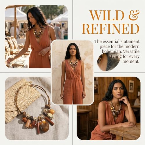 Coiris Chunky Statement Beaded Necklace for Women Bohemia Colorful Wooden Stone Beads Leather Rope Handmade Necklace Jewelry for Women - color: Leopard