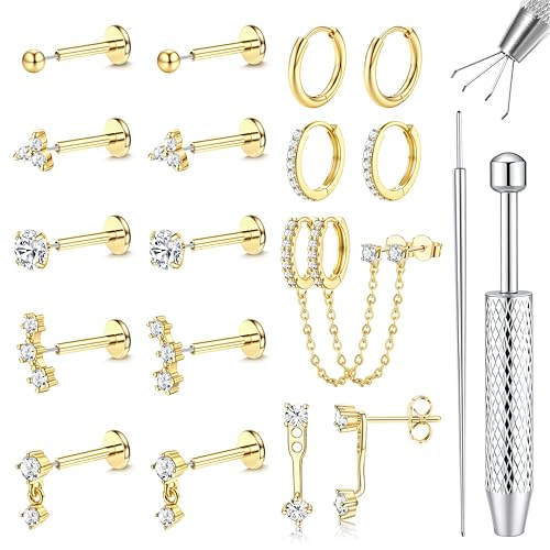 LOLIAS 16G/18G/20G Flat Back Earrings for Women Threadless Surgical Steel Stud Hoop Earrings Push in Nose Studs Hypoallergenic CZ Cartilage Earring Set Labret Helix Tragus Conch Piercing Jewelry - color: 14K Gold, size: 16G(1.2MM)-CZ